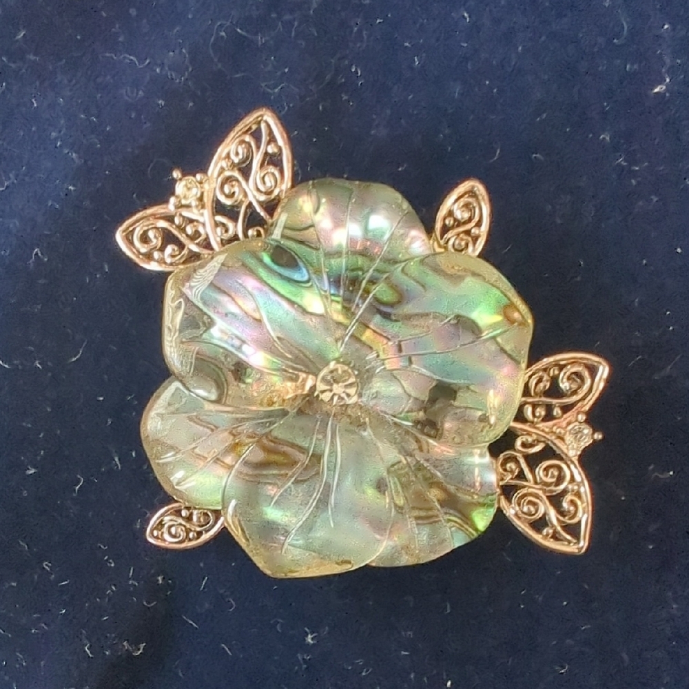 Vintage Lucite Cellulose Acetate Flower Brooch Pin with rhinestones and faux aba